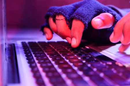 Close up of hacker hand stealing data from laptopの写真素材