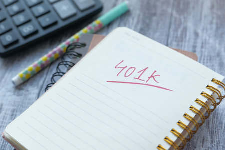 Notepad with word 401k on white background, close up ,