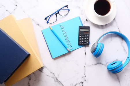 high angle view of open notepad on black backgroundの写真素材