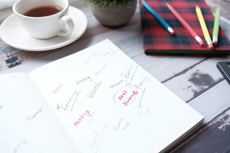 weekly planner with office stationary on table.
