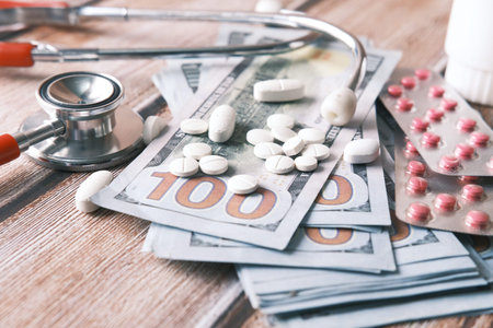 Healthcare cost concept with us dollar , container and pills on table
