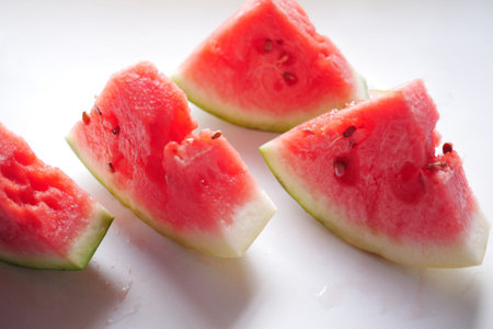 close up of slice of water melon on white background .の写真素材
