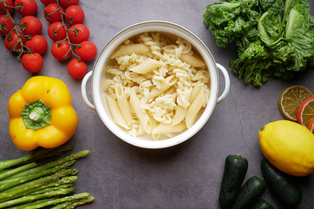 fusilli in a pan on black background.の写真素材
