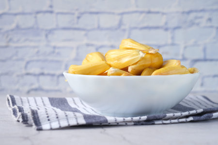 slice of jackfruits in a bowl on table.の写真素材