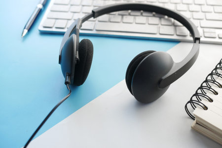 call center headphone on laptop on table ,