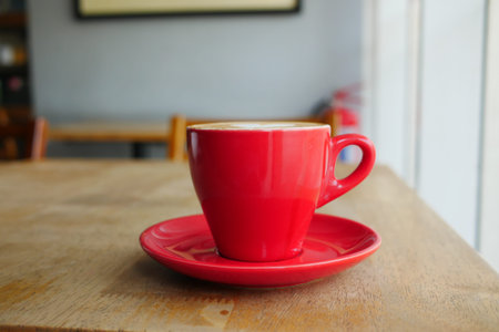 close up of red color coffee mug on table at cafeの写真素材