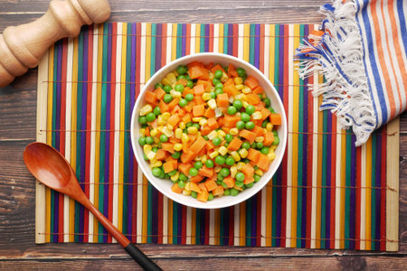 top view of corn, carrot and beans in a bowl,の写真素材