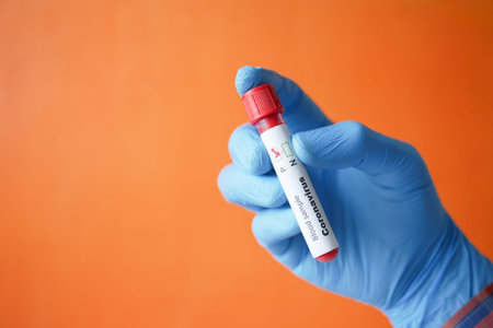 hand in blue medical gloves holding blood test tube