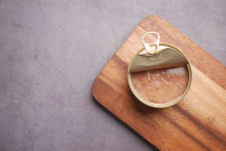 canned tuna on wooden table ,の写真素材
