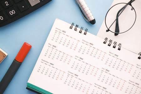 2022 January month on calendar on office desk