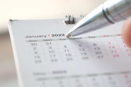 2022 January month on calendar on office desk