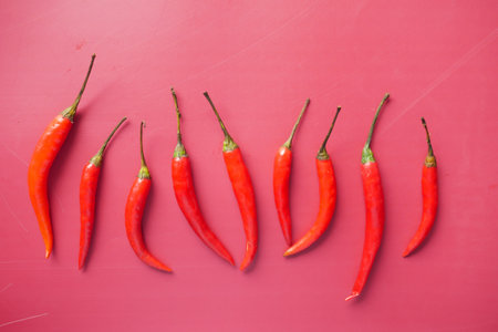 red chili pepper red background , top viewの写真素材