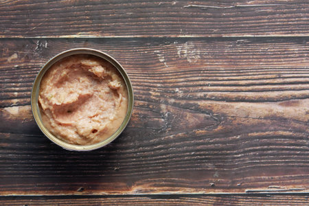 canned tuna on wooden table ,