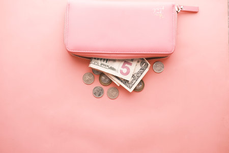 us dollar cash in leather on pink background