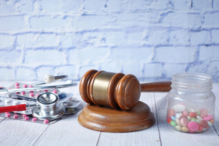 gavel, stethoscope and pills on white backgroundの写真素材