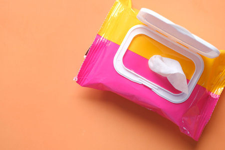 Cleansing wet wipes on table with copy spaceの写真素材