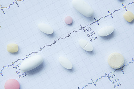prescription medical pills on a cardio diagram.