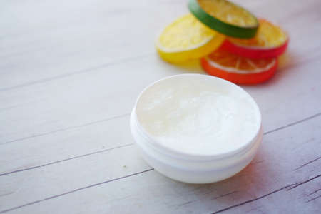 Close up of used petroleum jelly in a containerの写真素材