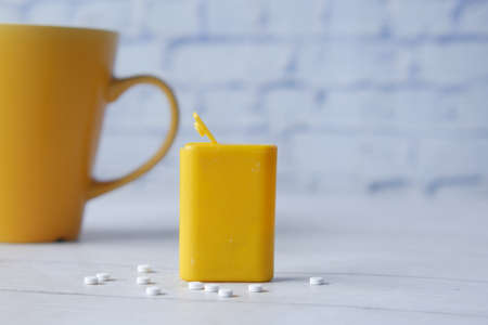 artificial sweetener container on tableの写真素材