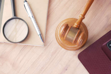 gavel and book with copy space on tableの写真素材