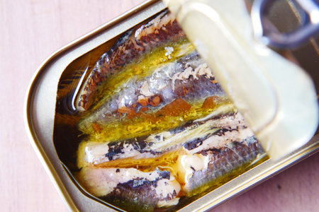 open tin of sardines on white tiles background.の写真素材