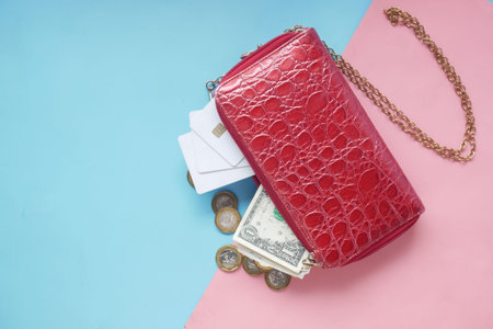 credit cards cash in a women purse on color backgroundの写真素材