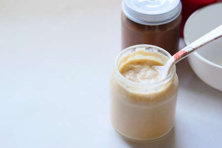 baby food in a container on table with copy space.の写真素材