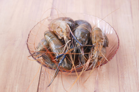 close up of raw king prawn on table.の写真素材