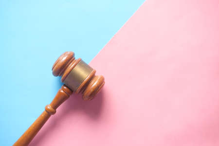 Top view of gavel on color background with copy spaceの写真素材