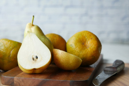 slice of fresh pears on table close upの写真素材