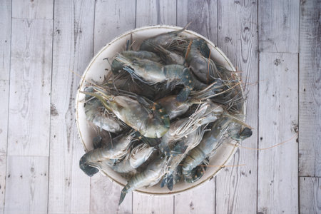 top view of raw king prawn on table.の写真素材