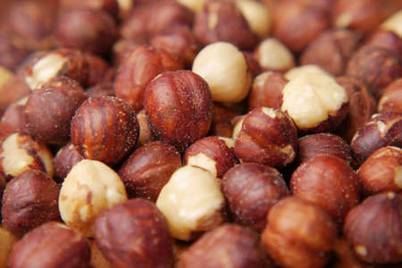 hazelnuts in a container on black background,の写真素材