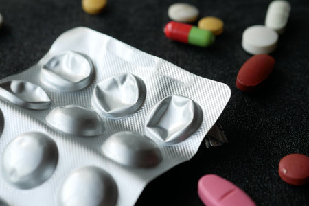 Close up of empty pills of blister pack on tableの写真素材