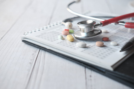 close up of pills and stethoscope on calendar ,の写真素材