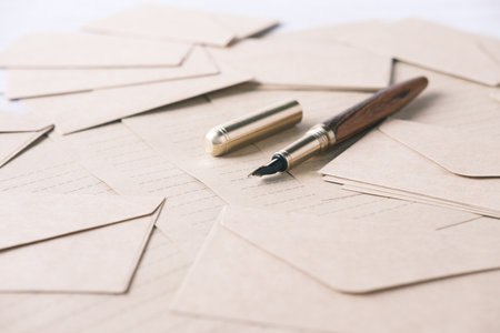envelope , empty paper and fountain pen on tableの写真素材