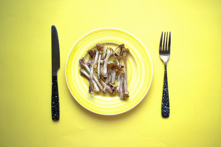 top view of plate after eating on yellow backgroundの写真素材