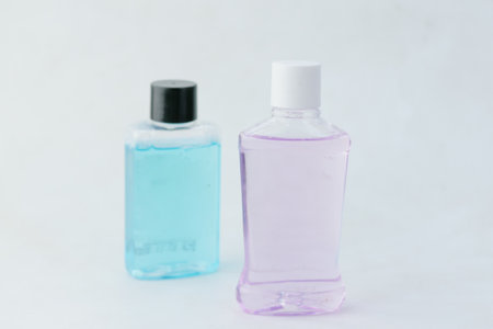 mouthwash liquid in a container on tableの写真素材