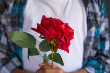 unrecognized man hand holding rose flower and gift box close up