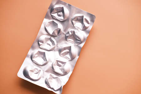 Close up of empty pills of blister pack on tableの写真素材