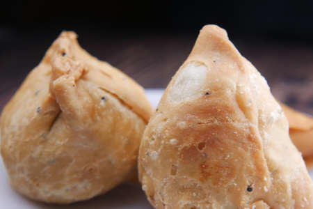 detail shot of a indian food singara on plateの写真素材