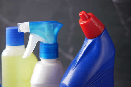 close up of cleaning bottle on tableの写真素材