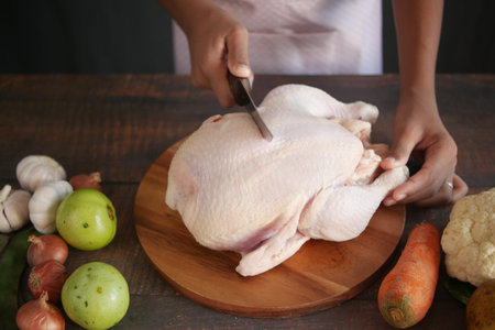 raw whole chicken and vegetables on tiles backgroundの写真素材