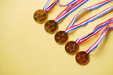 Customer review concept. Rating golden stars on blue backgroundの写真素材