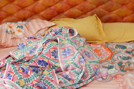 messy bed in early morning , messy bed after waking upの写真素材