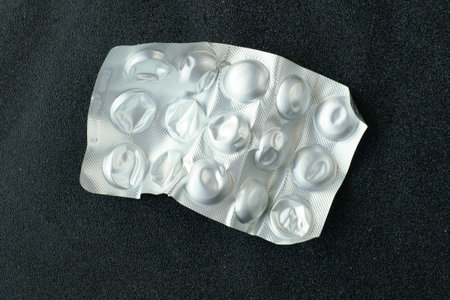 Close up of empty pills of blister pack on tableの写真素材