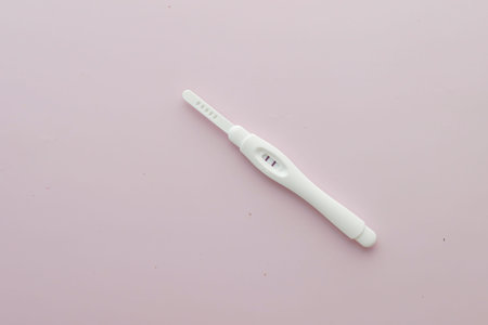 top view of Pregnancy test kit on light purple backgroundの写真素材