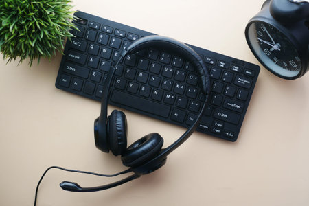 call center headphone on laptop on table ,