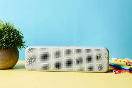 smart speaker and keyboard with copy space on white backgroundの写真素材