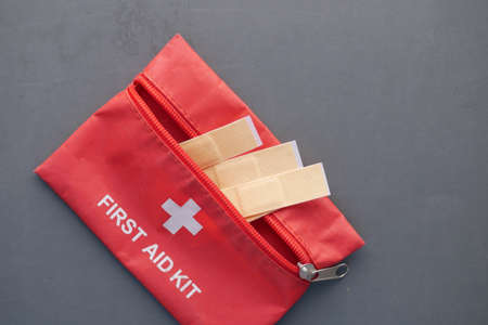 Close up of first aid kit on black backgroundの写真素材