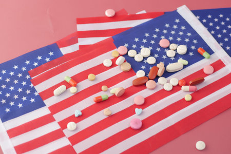 white color medical pills spilling on american flag